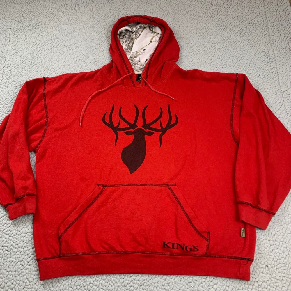 King's Camo Hoodie Mens XL Red Elk Antler‎ Graphic Fleece Pullover